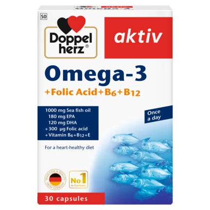 Illustration of the product packaging Doppelherz aktiv Omega-3 + Folic Acid + B6 + B12 front view
